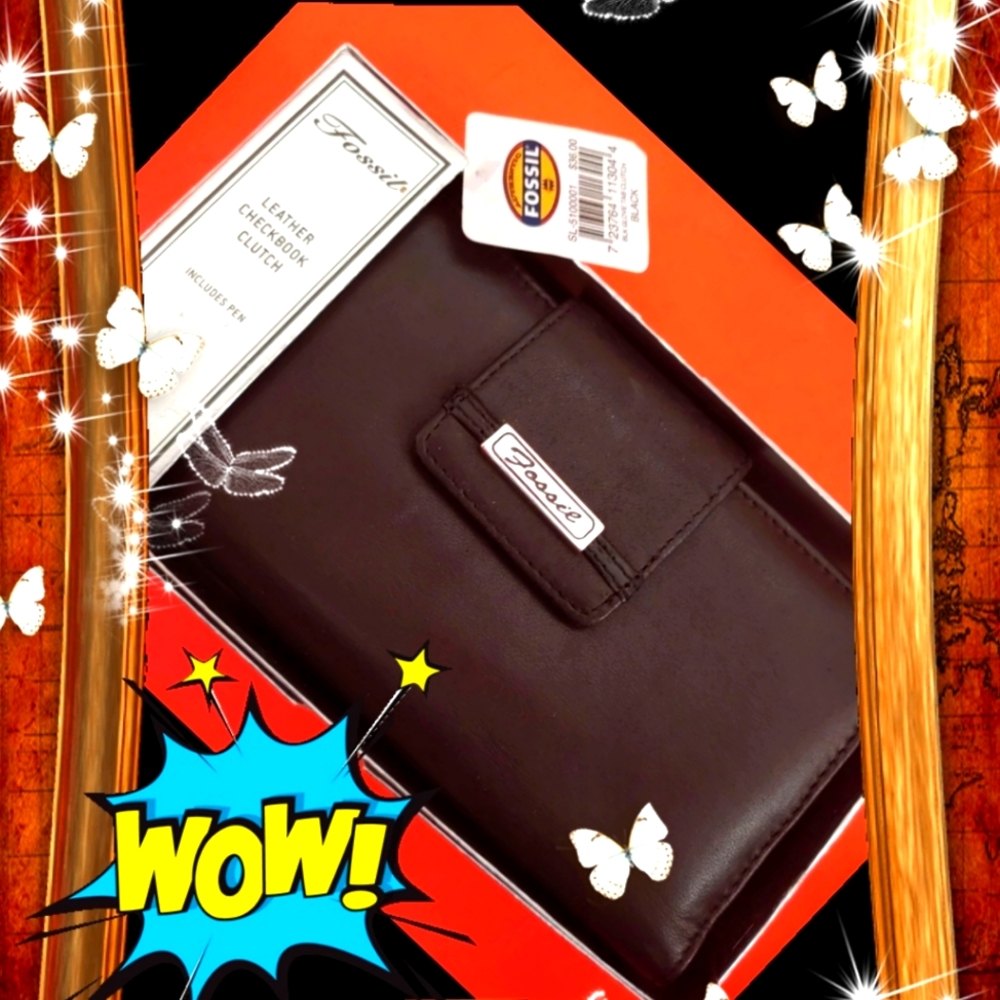 New Fossil leather checkbook wallet pen